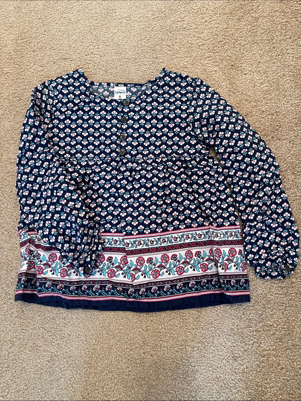 Carter's Navy Floral Border-Print Peasant Top with Pink Accents